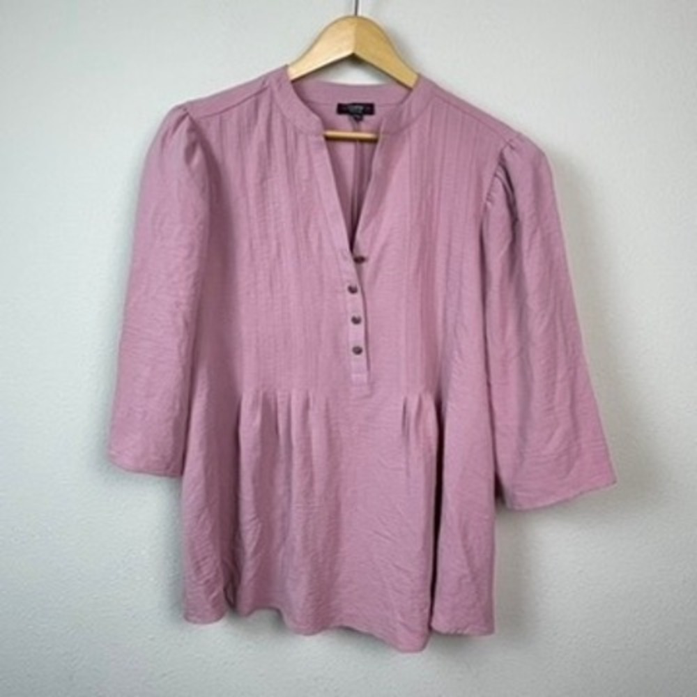 Cocomo Woman‎ Blouse Womens 1X Mauve Pink 3/4 Sleeve Pleated Henley Cottagecore